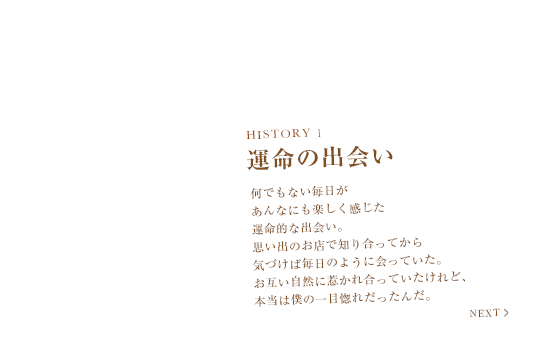 HISTORY 1　運命の出会い　何でもない毎日があんなにも楽しく感じた運命的な出会い。思い出のお店で知り合ってから気づけば毎日のように会っていた。お互い自然に惹かれ合っていたけれど、本当は僕の一目惚れだったんだ。